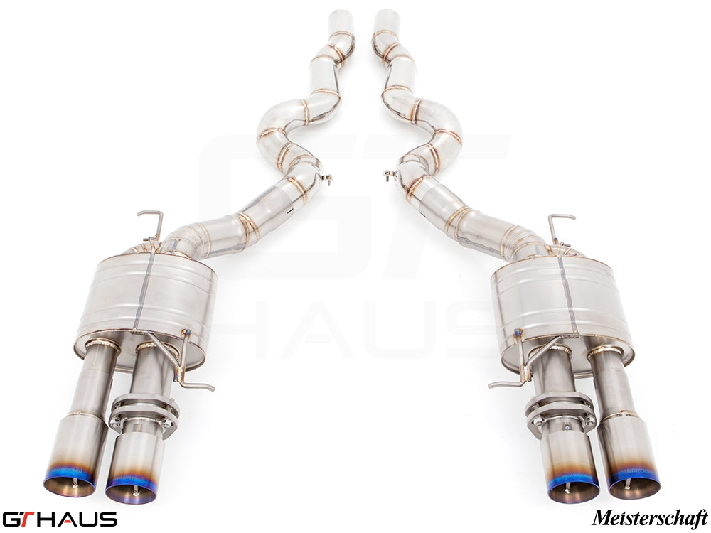 Premium performance exhaust system for BMW F10 M5 V8 Twin Turbo, featuring dual polished tips and stainless steel construction.