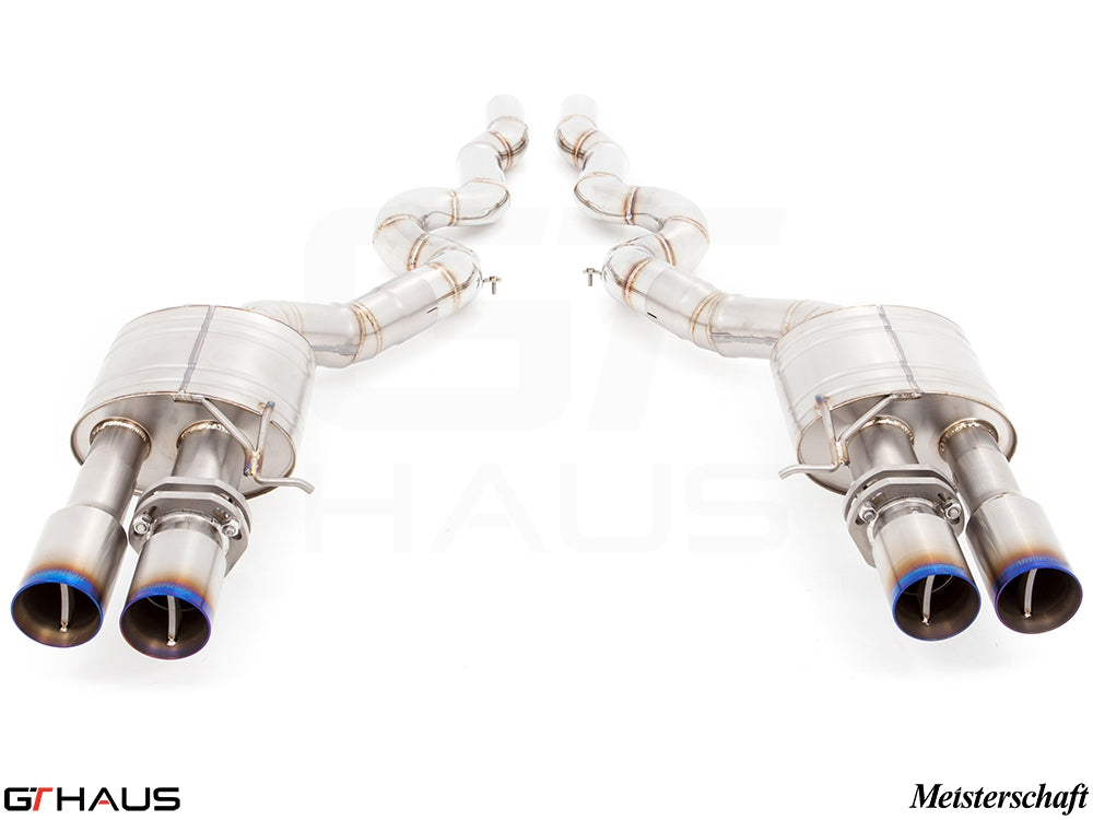 Premium performance exhaust system for BMW F10 M5 V8 Twin Turbo, featuring stainless steel construction and dual tips.