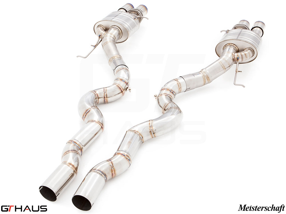 Premium performance exhaust system for BMW F10 M5 V8 Twin Turbo, featuring stainless steel construction and dual tips.