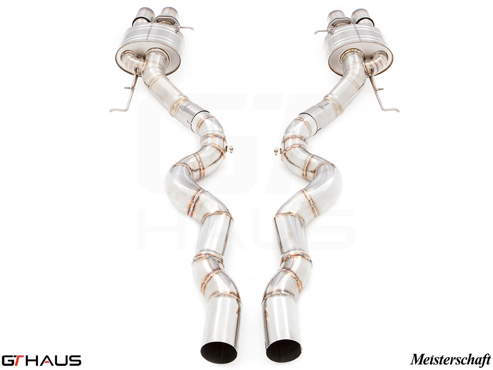 Premium performance exhaust system for BMW F10 M5 V8 Twin Turbo Sedan, featuring dual polished stainless steel tips.