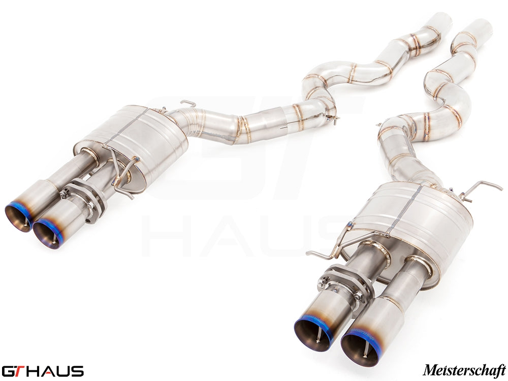 Premium exhaust system for BMW F10 M5 V8 Twin Turbo Sedan, featuring stainless steel construction and quad tips.