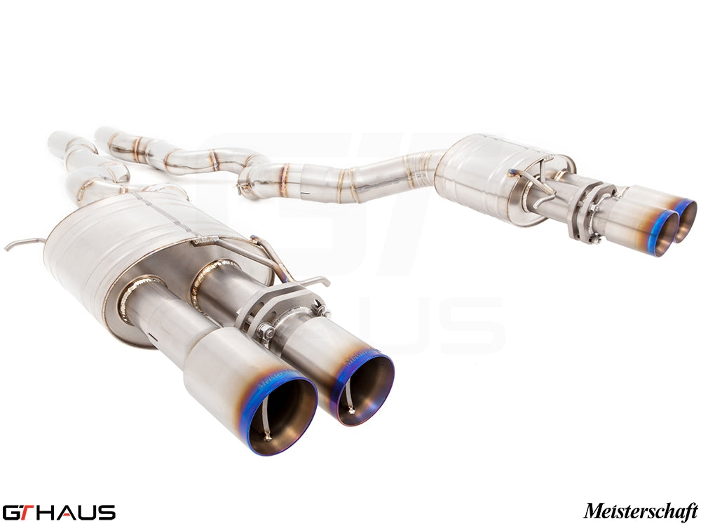 Premium performance exhaust system for BMW F10 M5 V8 Twin Turbo, featuring dual tips and stainless steel construction.