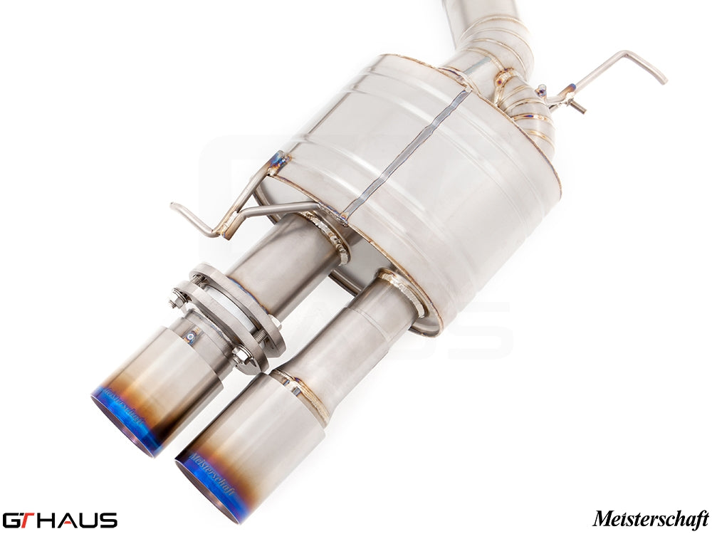Premium Meisterschaft exhaust system for BMW F10 M5 V8 Twin Turbo, featuring dual tips and high-quality stainless steel construction.