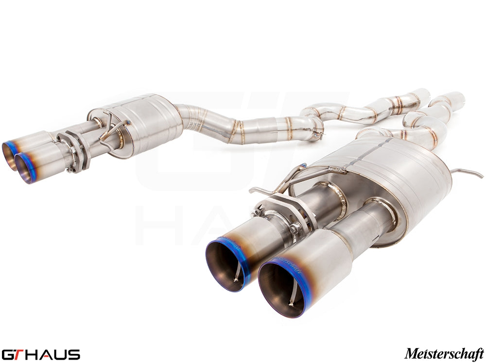 Premium performance exhaust system for BMW F10 M5 V8 Twin Turbo Sedan, featuring stainless steel construction and dual tips.