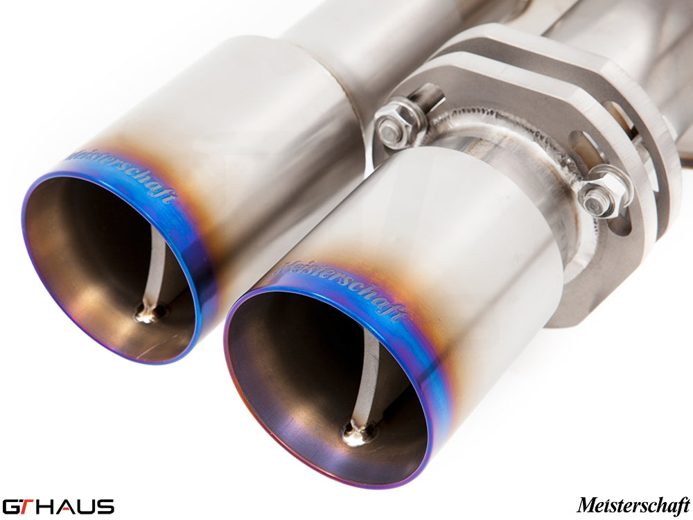Premium Meisterschaft exhaust tips for BMW F10 M5 V8 Twin Turbo, showcasing high-quality stainless steel craftsmanship.
