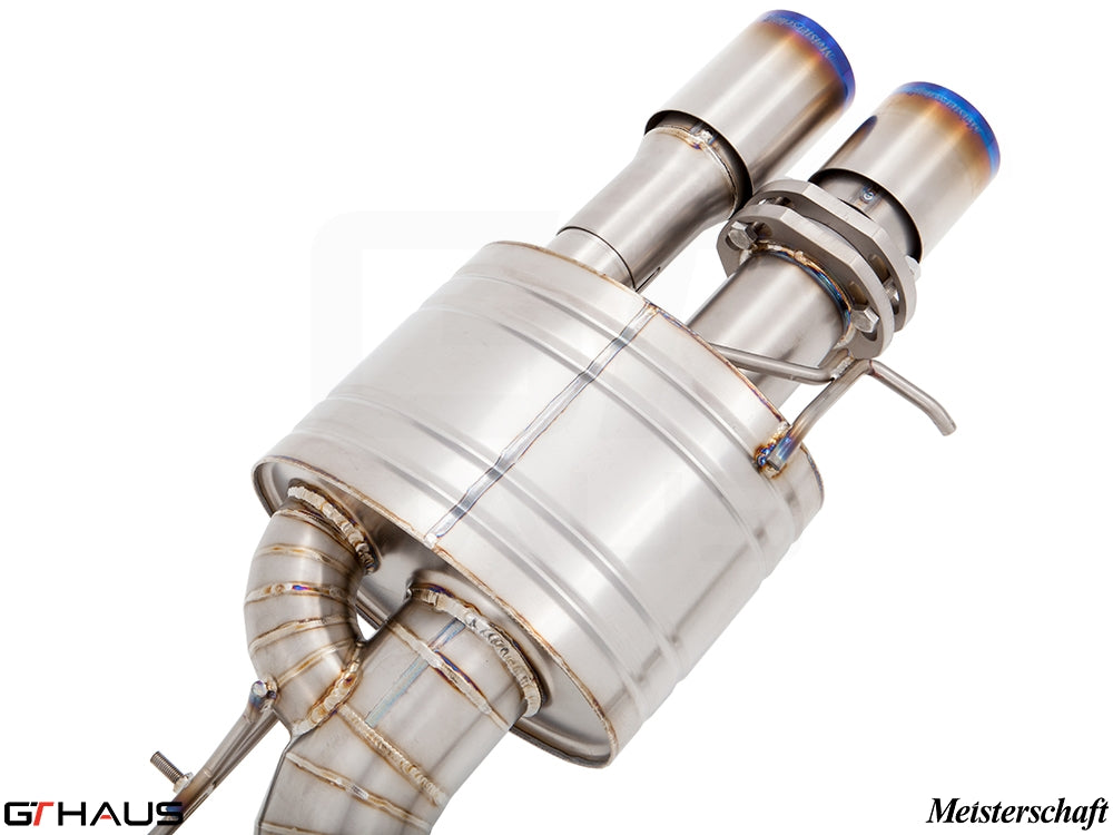 Premium exhaust system for BMW F10 M5 V8 Twin Turbo, featuring dual tips and high-quality stainless steel construction.
