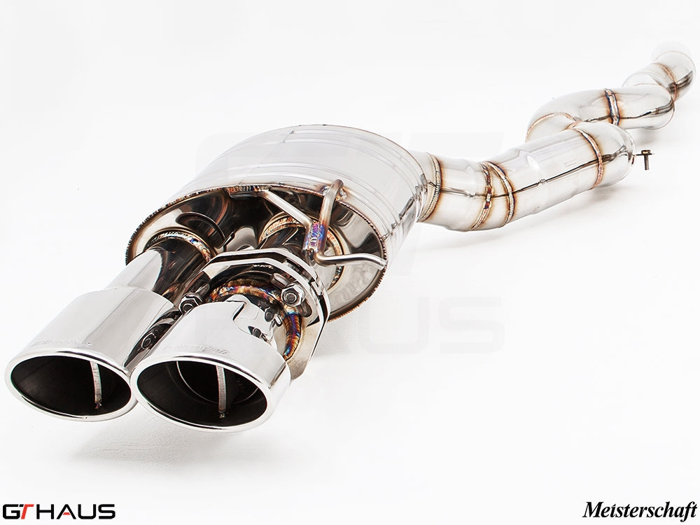 Premium exhaust system for BMW F10 M5 V8 Twin Turbo Sedan, featuring polished stainless steel and dual tips.
