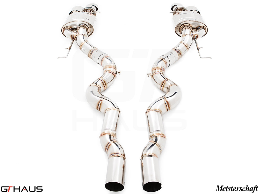 Premium exhaust system for BMW F10 M5 V8 Twin Turbo Sedan, featuring polished stainless steel construction and dual tips.