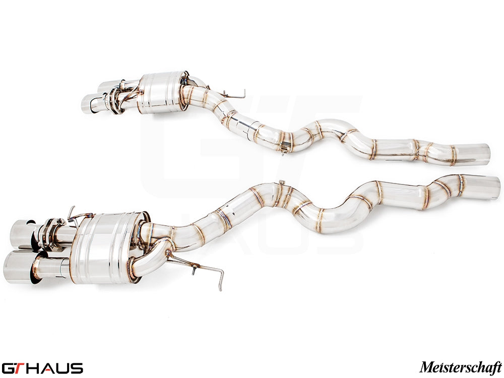 Premium exhaust system for BMW F10 M5 V8 Twin Turbo Sedan, featuring stainless steel construction and sleek design.