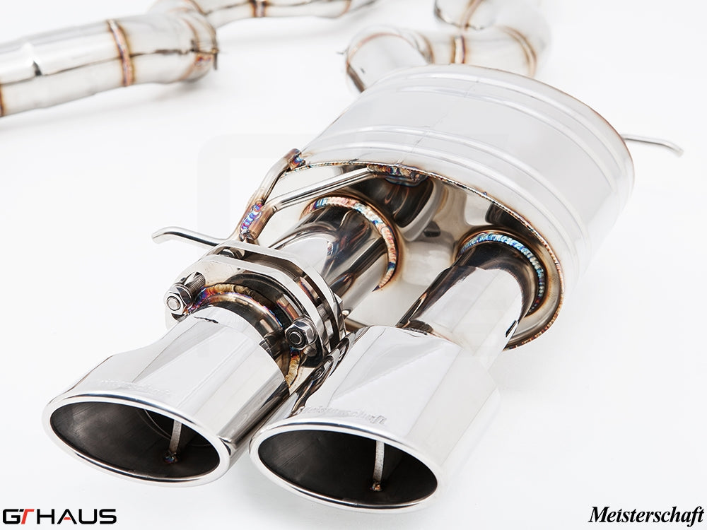 Premium exhaust system for BMW F10 M5 V8 Twin Turbo, featuring polished stainless steel tips and precision craftsmanship.