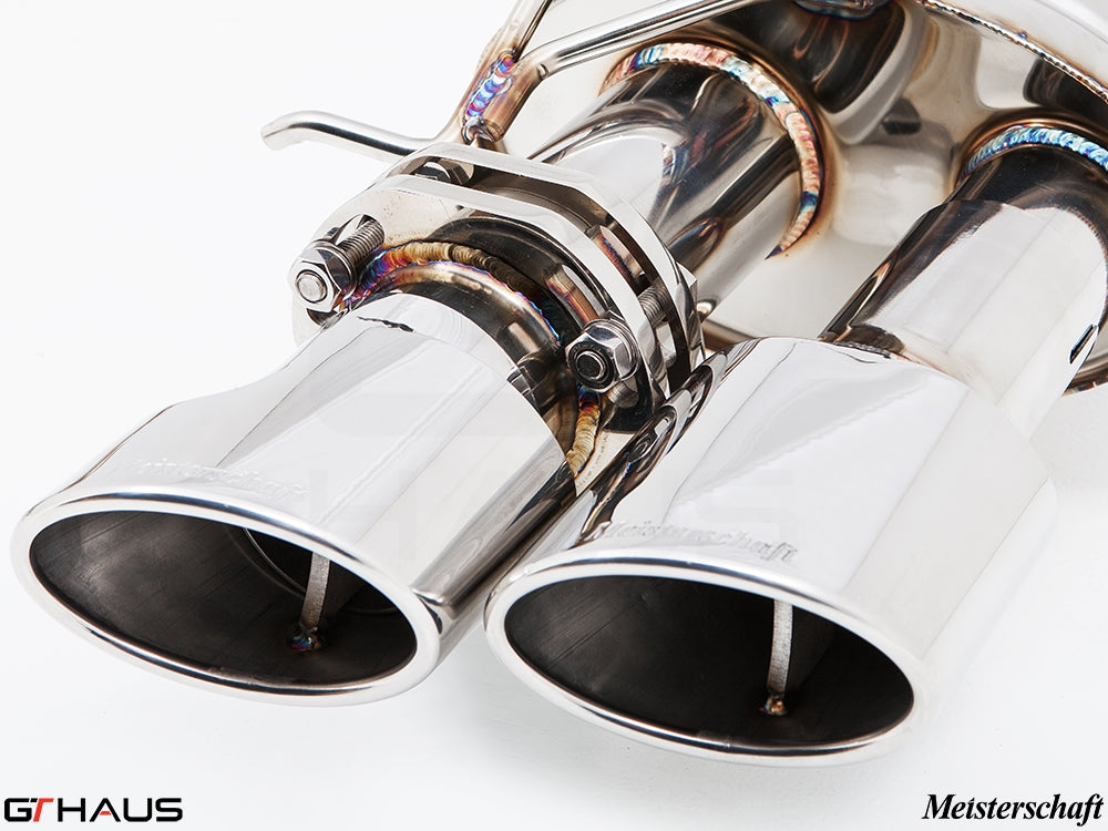 Premium stainless steel exhaust tips for BMW F10 M5 V8 Twin Turbo, showcasing precision craftsmanship and durability.