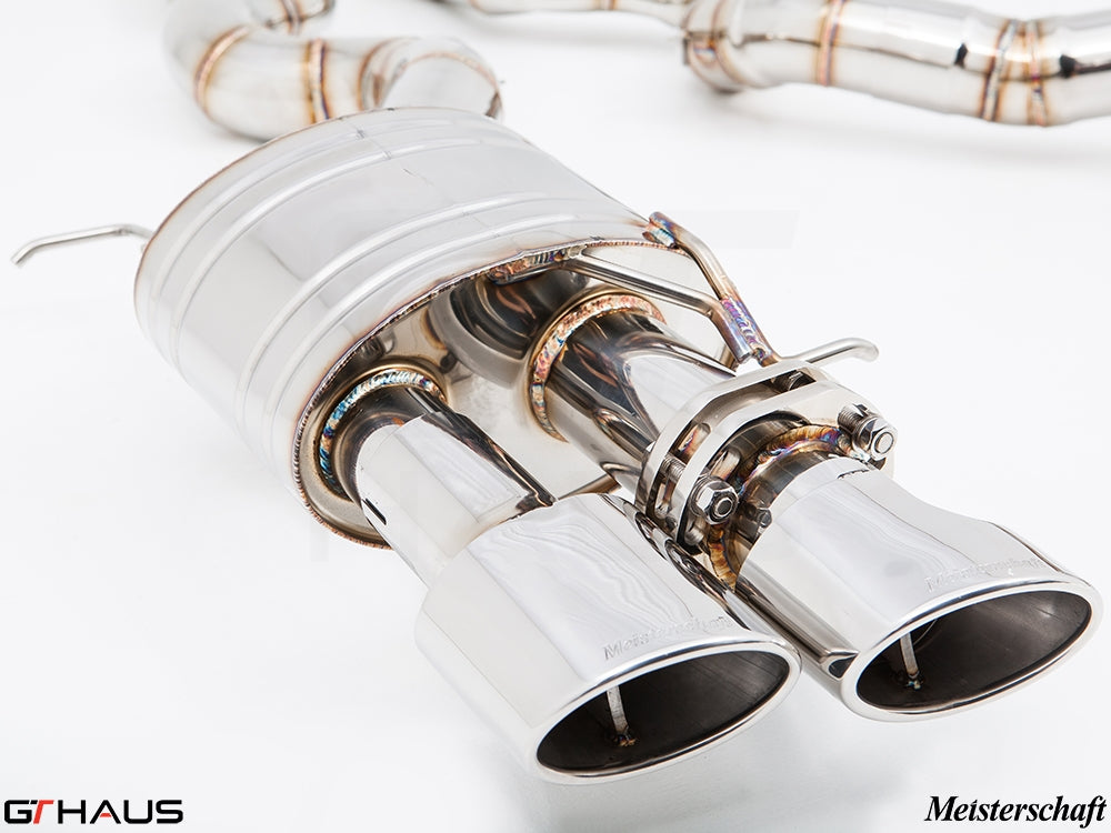 Premium exhaust system for BMW F10 M5 V8 Twin Turbo, featuring polished stainless steel and dual tips for enhanced performance.