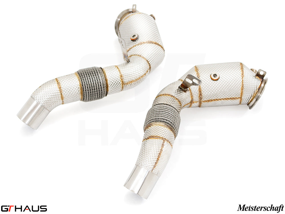 BMW F12/13 M6 2012-2018 down pipes with 400 CEL sport cats and 90mm piping for enhanced performance.