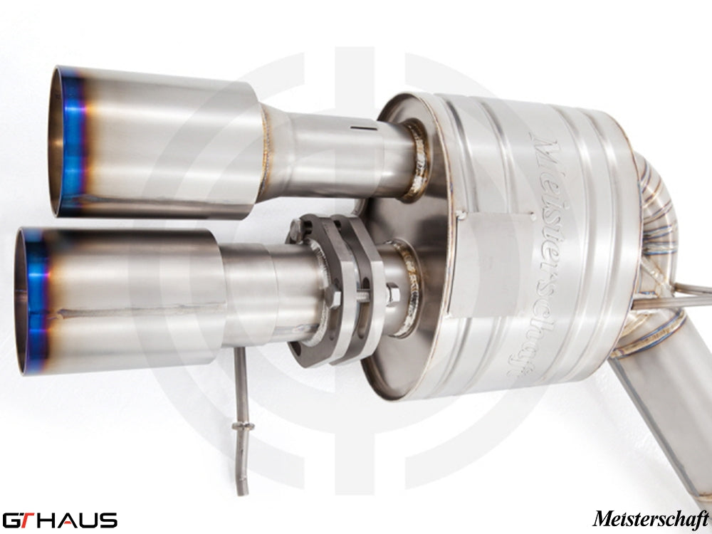 Premium Meisterschaft exhaust system for BMW F12/13 M6 V8 Twin Turbo, featuring polished stainless steel tips.