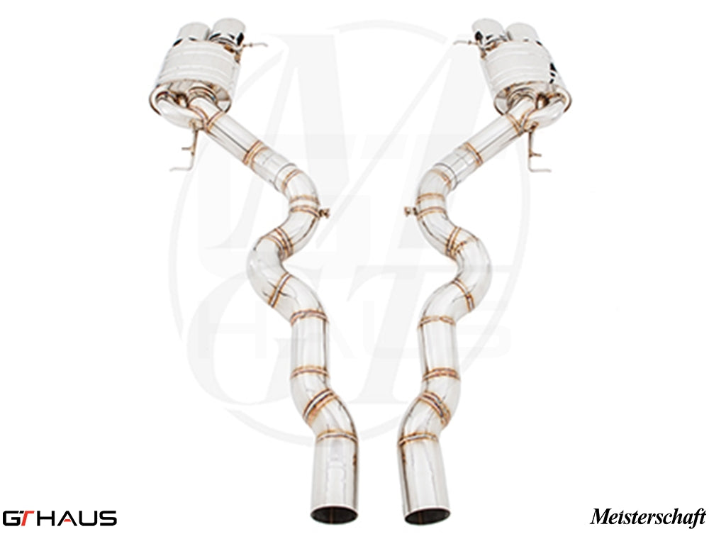 Premium Meisterschaft exhaust system for BMW F12/13 M6 V8 Twin Turbo, featuring polished stainless steel construction.
