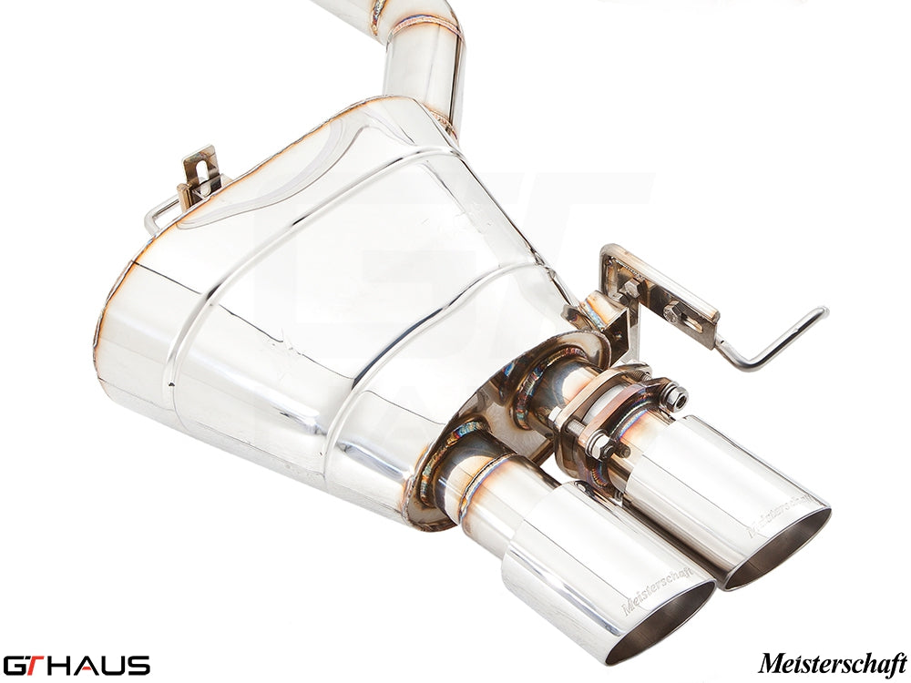 Premium Meisterschaft exhaust system for BMW F12/F13 640i, featuring polished stainless steel and dual tips.