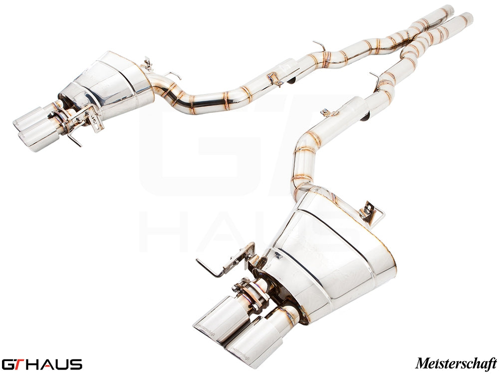 Premium Meisterschaft exhaust system for BMW F12/F13 640i, featuring polished stainless steel and dual tips.