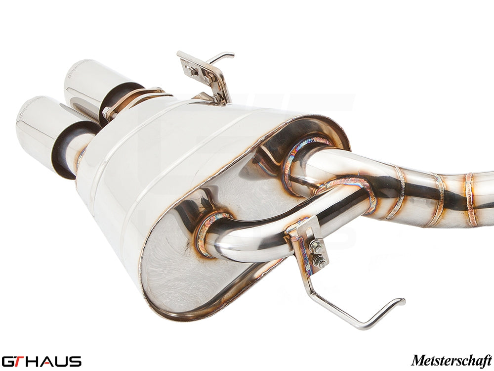 Premium Meisterschaft exhaust system for BMW F12/F13 650i, featuring polished stainless steel construction and dual tips.