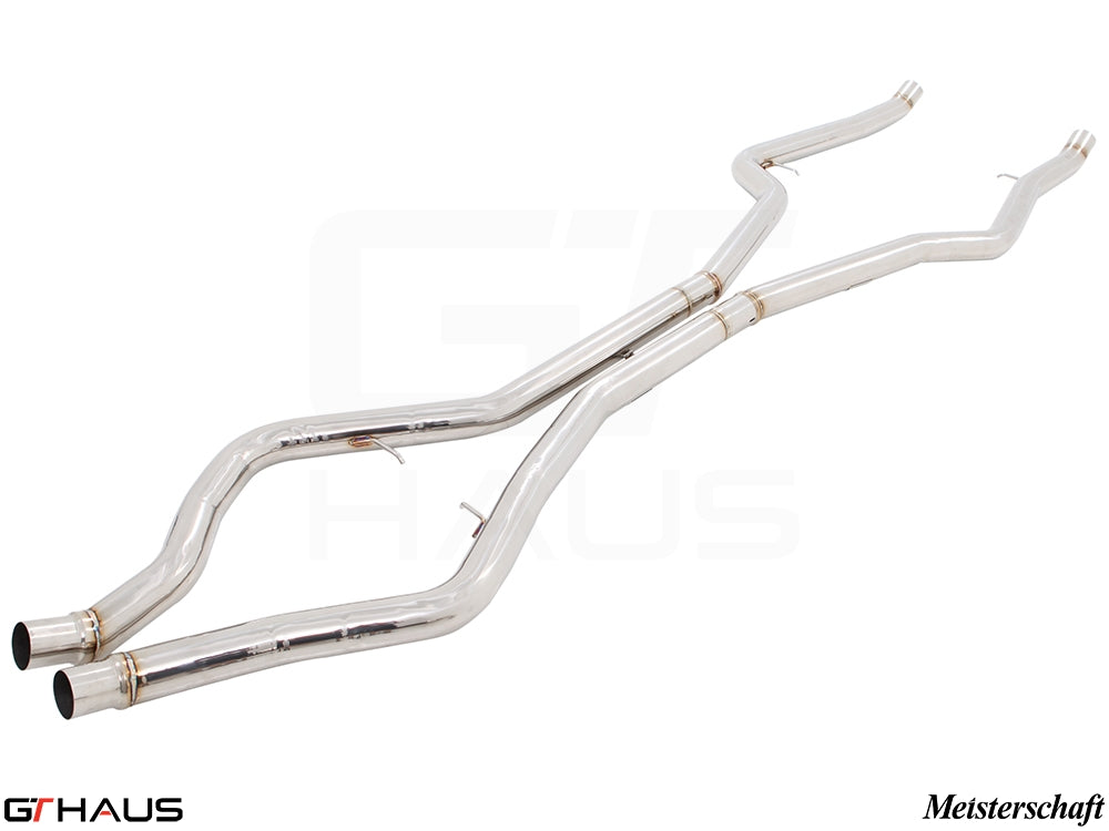 BMW F15 X5 2014-2018 full cat-back LSR mid resonator delete pipes for 5.0i model, featuring polished stainless steel design.