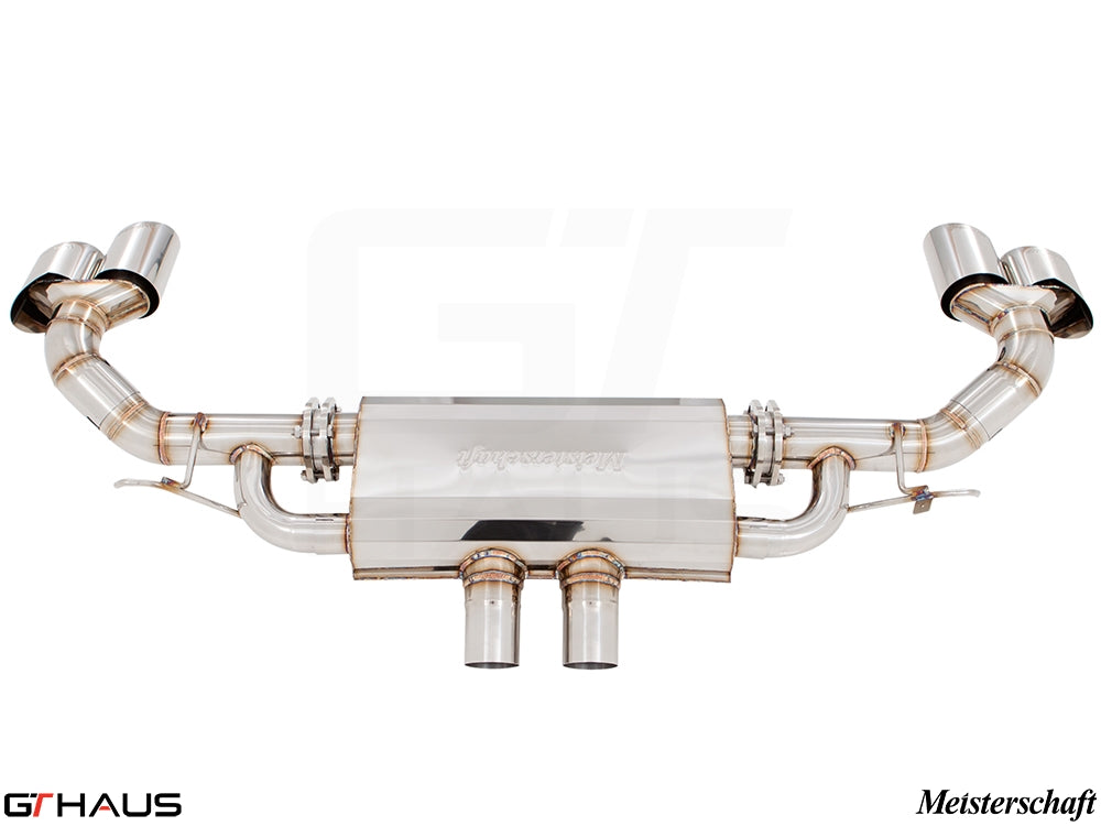 Premium Meisterschaft exhaust system for BMW F16 X6 SAV 5.0i, featuring stainless steel construction and dual tips.