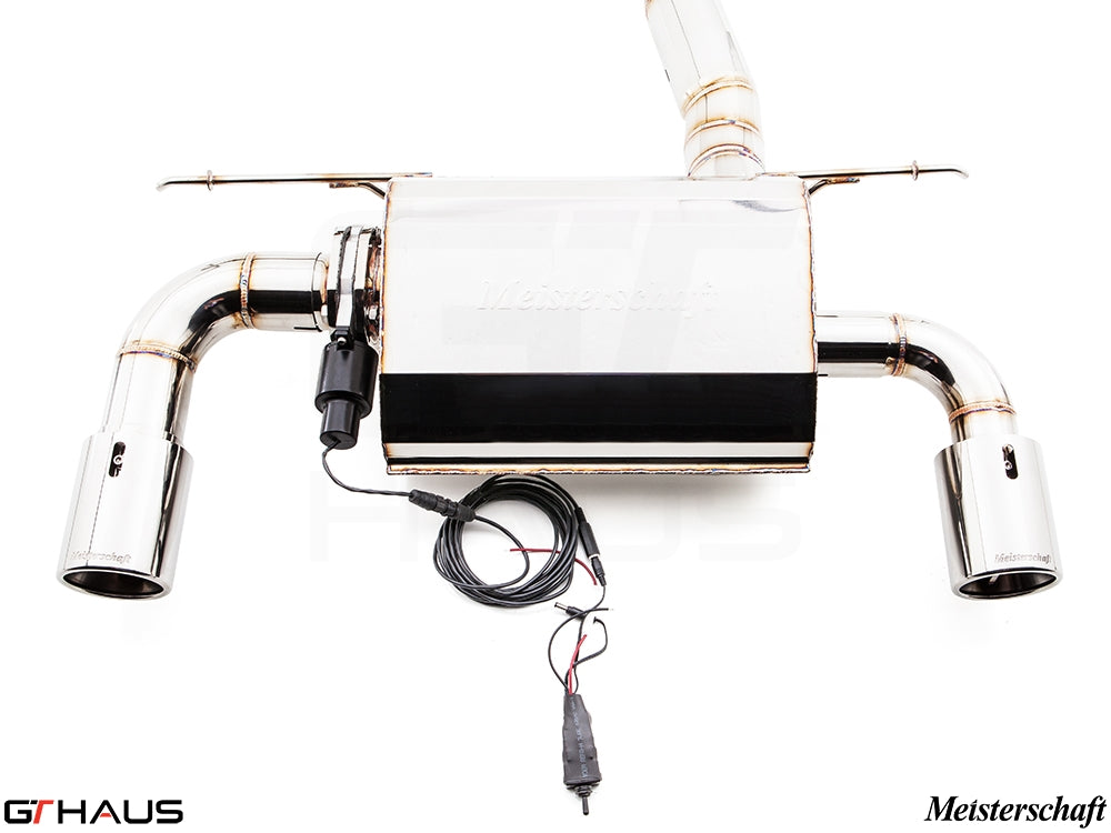 Premium Meisterschaft exhaust system for BMW F22 235/240i, featuring electronic valve control and polished stainless steel finish.