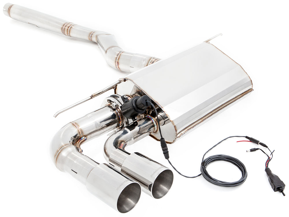 Premium stainless steel exhaust system for BMW F30/F31/F34/F36 320i, 328i, 330i models, featuring electronic valve control.