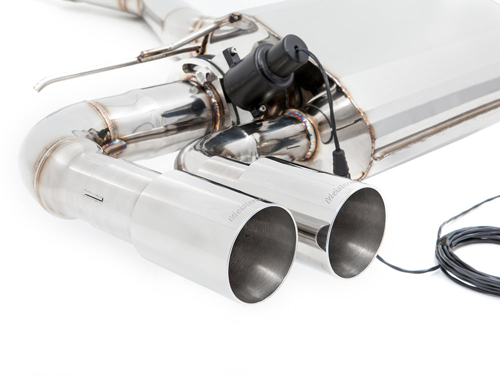 Premium exhaust system for BMW F30/F31/F34/F36 3 Series, featuring stainless steel tips and electronic valve control.