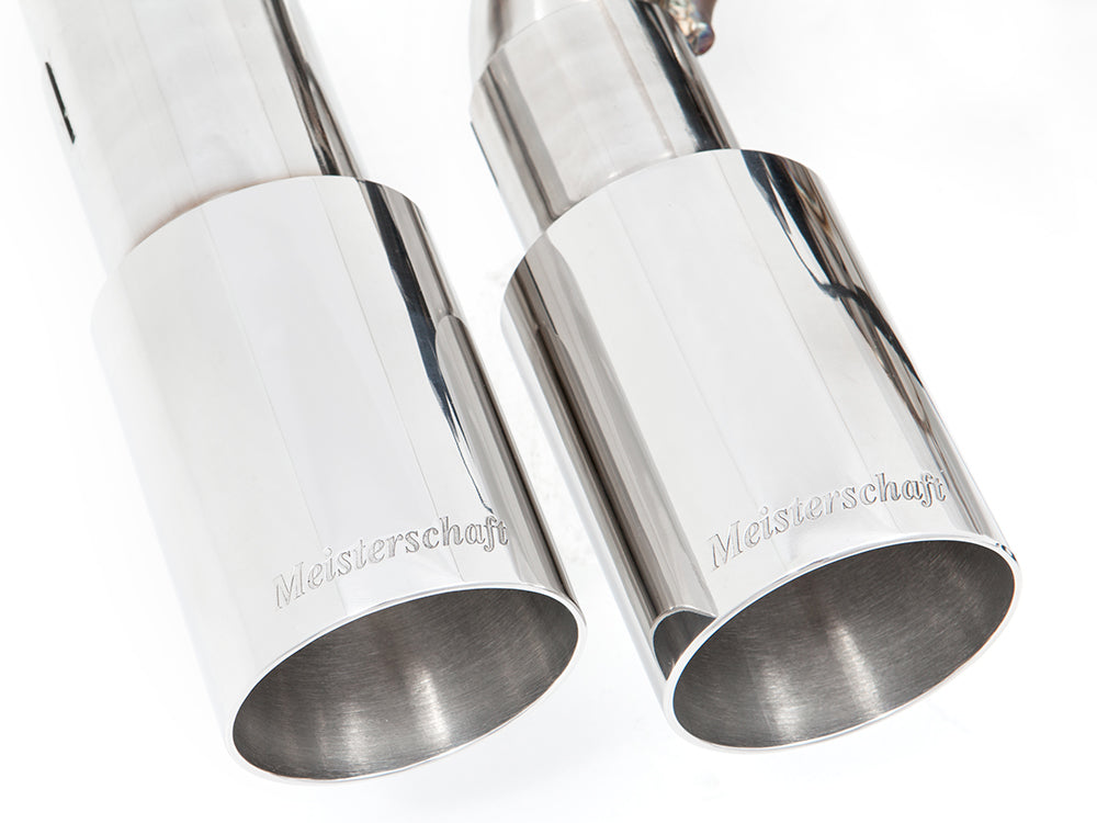 Polished stainless steel exhaust tips for BMW F30/F31/F34/F36 3 Series, enhancing performance and style.