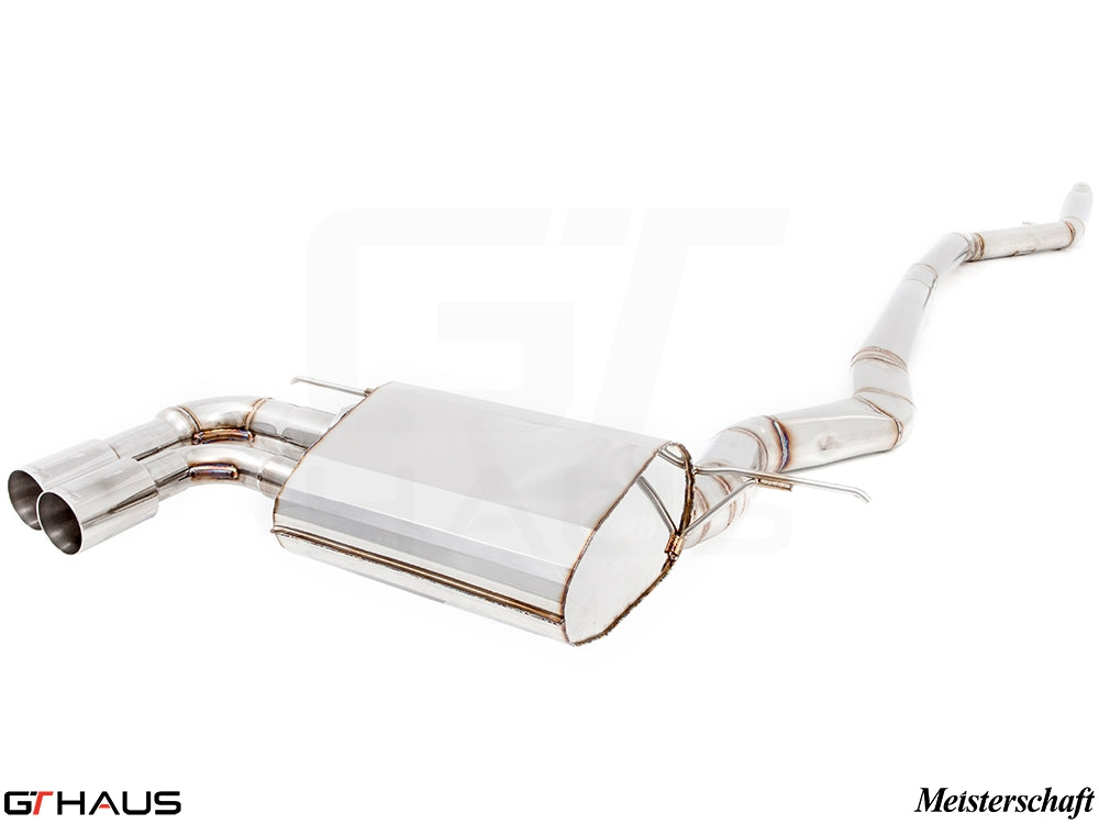 Premium performance exhaust system for BMW F30/F31/F34/F36 3 Series, featuring stainless steel construction and dual tips.