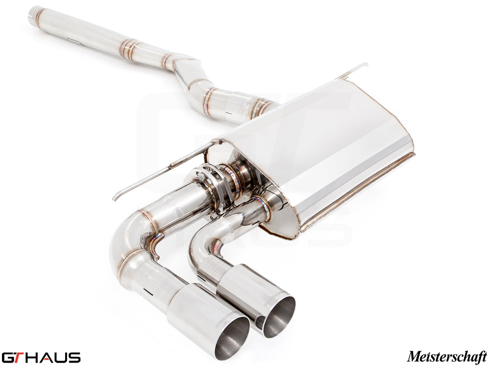Premium Meisterschaft exhaust system for BMW F30/F31/F34/F36 320i, 328i, 330i/xi, featuring polished stainless steel and dual tips.