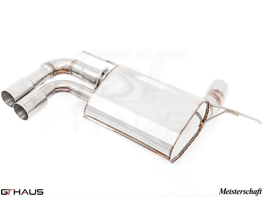 Premium Meisterschaft exhaust system for BMW F30/F31/F34/F36 320i, 328i, 330i models, featuring dual polished tips.