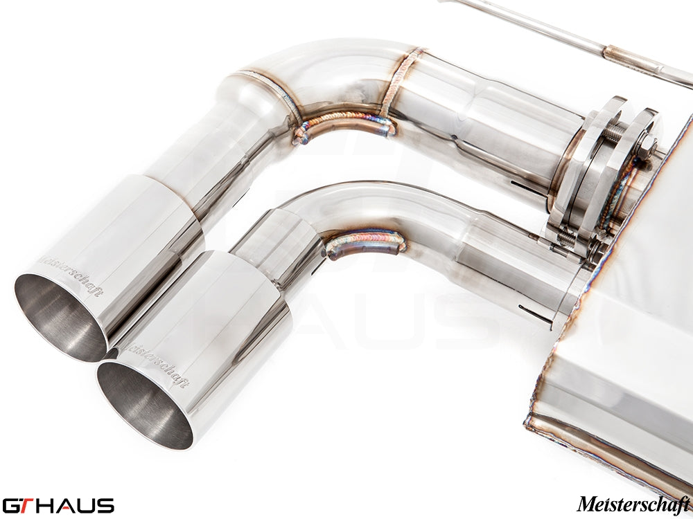 Premium exhaust system for BMW F30/F31/F34/F36 320i, 328i, 330i/xi featuring polished stainless steel tips.