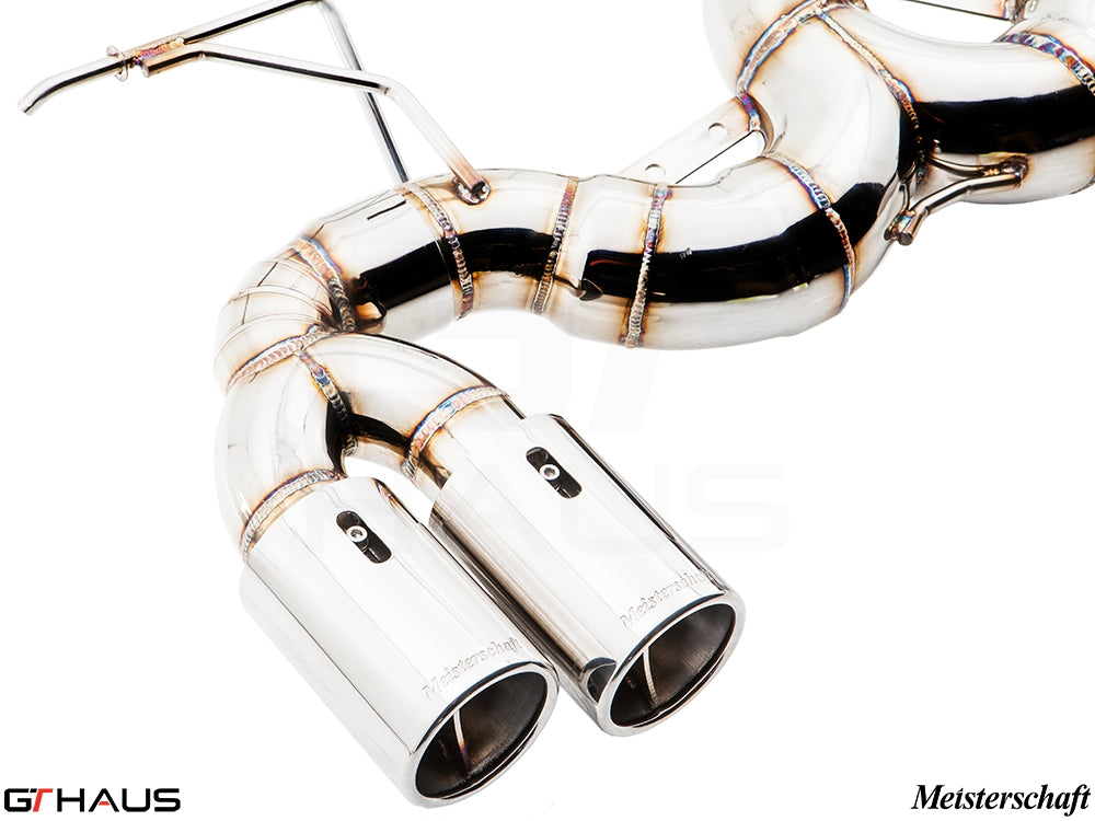 Premium performance exhaust system for BMW F30/F31/F34/F36 320i, 328i, 330i models, featuring polished dual tips.