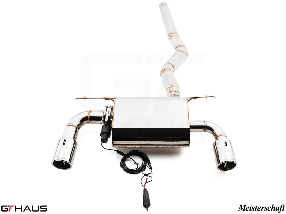 Premium Meisterschaft exhaust system for BMW F30/F31/F34/F36 335i/340i, featuring electronic valve control and stainless steel design.