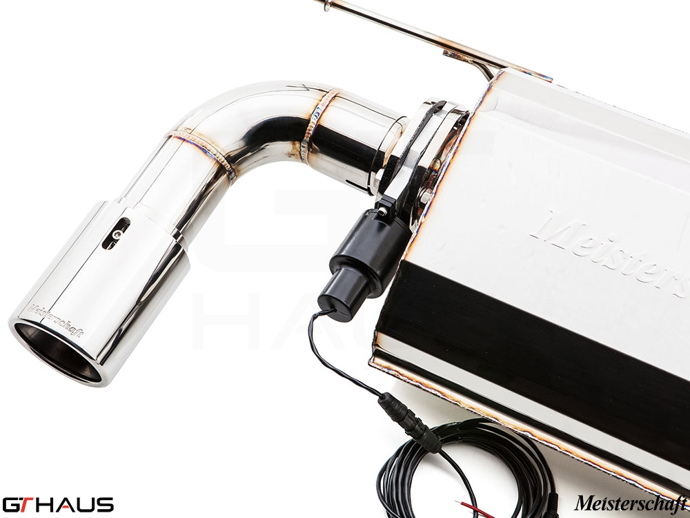 Premium Meisterschaft exhaust system for BMW F30/F31/F34/F36 335i/340i, featuring polished stainless steel and electronic valve control.
