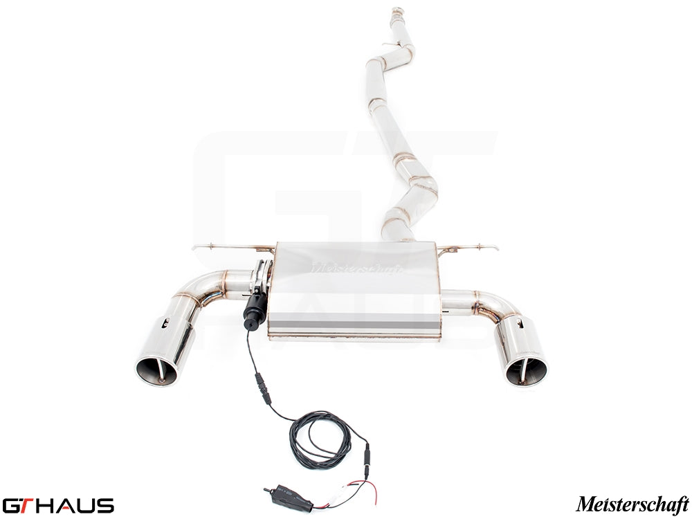 Premium Meisterschaft exhaust system for BMW F30/F31/F34/F36 335i/340i/xi, featuring stainless steel construction and electronic valve control.