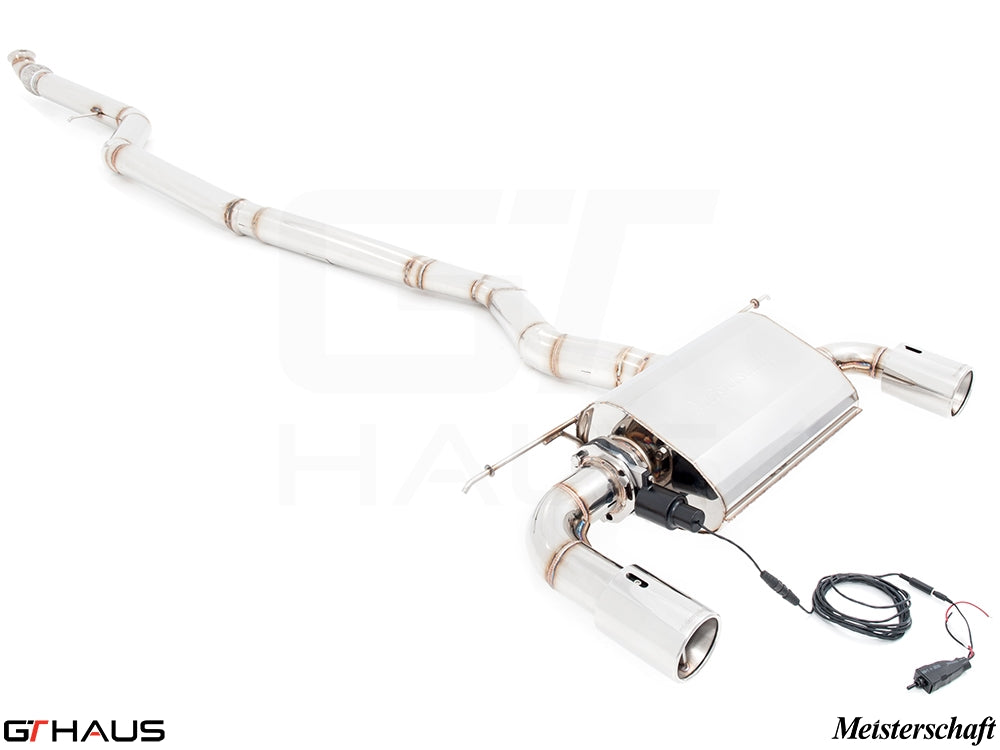 Premium performance exhaust system for BMW F30/F31/F34/F36 335i/340i/xi, featuring stainless steel construction and electronic valve control.