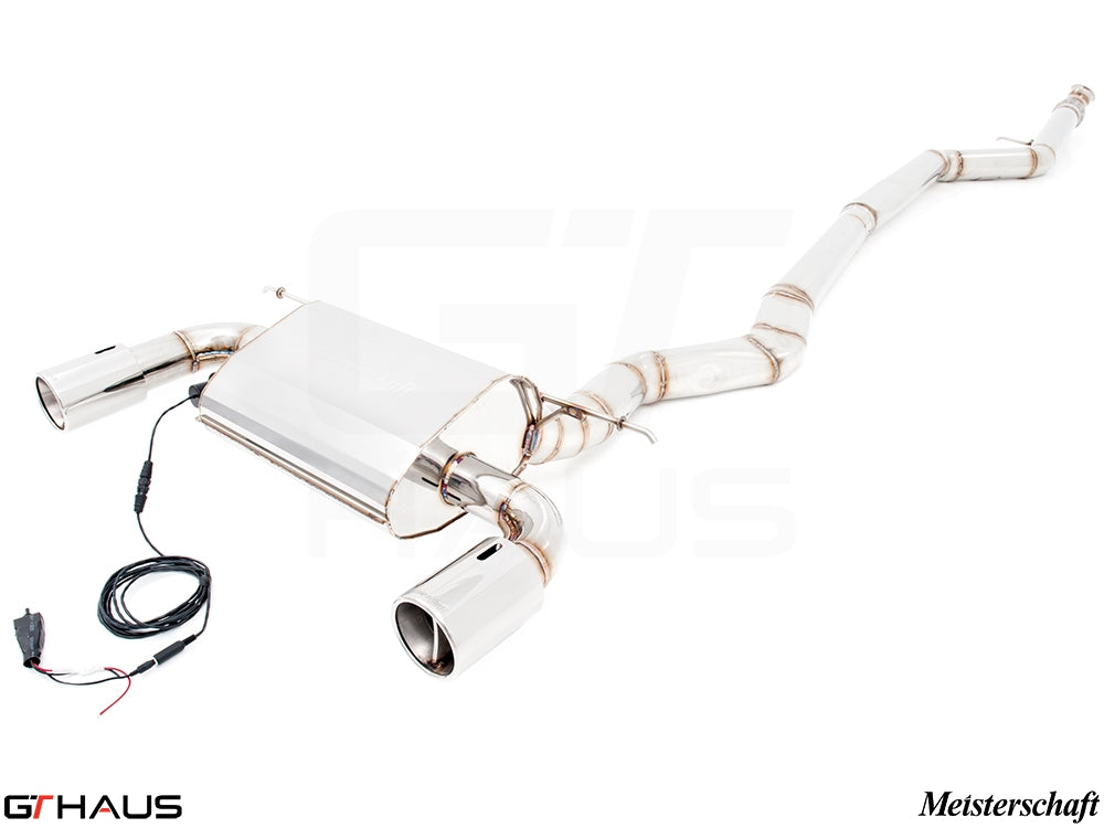 Premium performance exhaust system for BMW F30/F31/F34/F36 335i/340i, featuring stainless steel construction and dual tips.