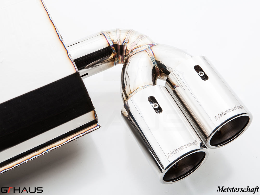 Premium Meisterschaft exhaust system for BMW F30/F31/F34/F36 335i/340i with polished dual tips and high-quality craftsmanship.