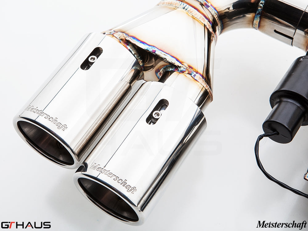Premium Meisterschaft exhaust tips for BMW F30/F31/F34/F36 335i/340i, showcasing high-quality stainless steel design.