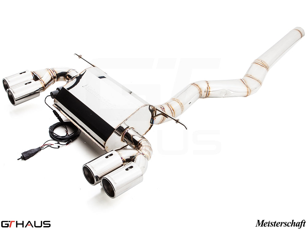 Premium Meisterschaft exhaust system for BMW F30/F31/F34/F36 335i/340i, featuring quad tips and electronic valve control.