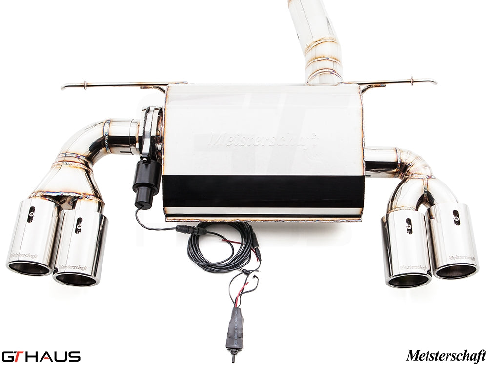 Premium Meisterschaft exhaust system for BMW F30/F31/F34/F36 335i/340i, featuring polished tips and electronic valve control.