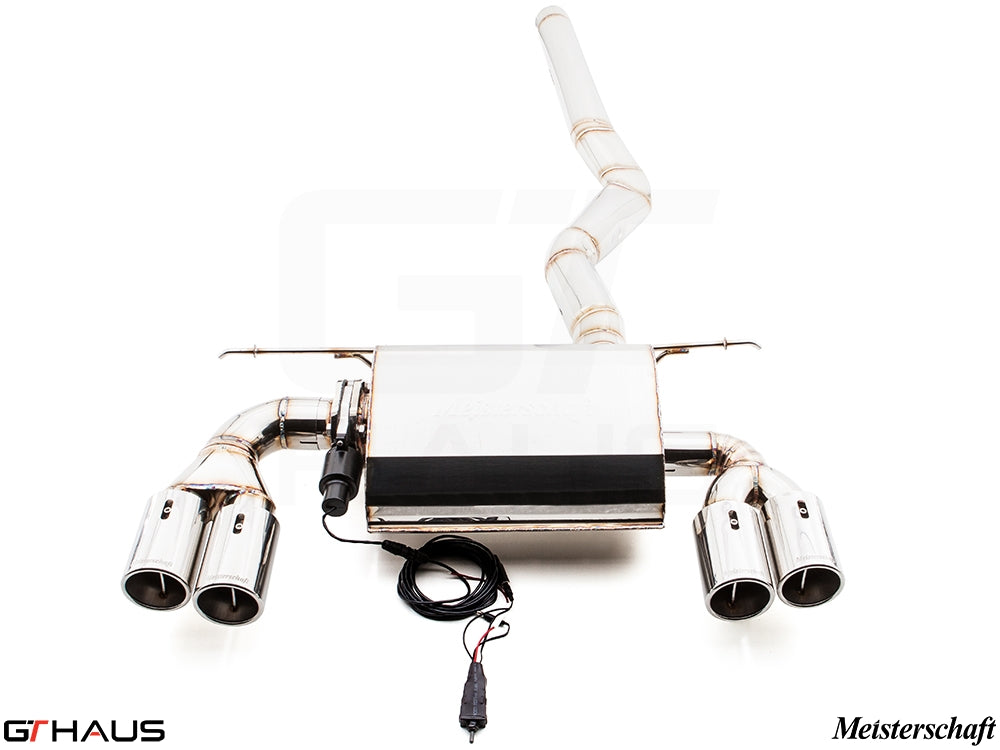 Premium Meisterschaft exhaust system for BMW F30/F31/F34/F36 335i/340i, featuring quad tips and electronic valve control.