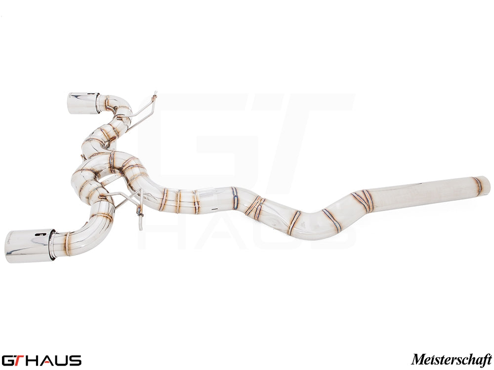 Premium performance exhaust system for BMW F30/F31/F34/F36 335i/340i/xi, featuring stainless steel construction and dual tips.