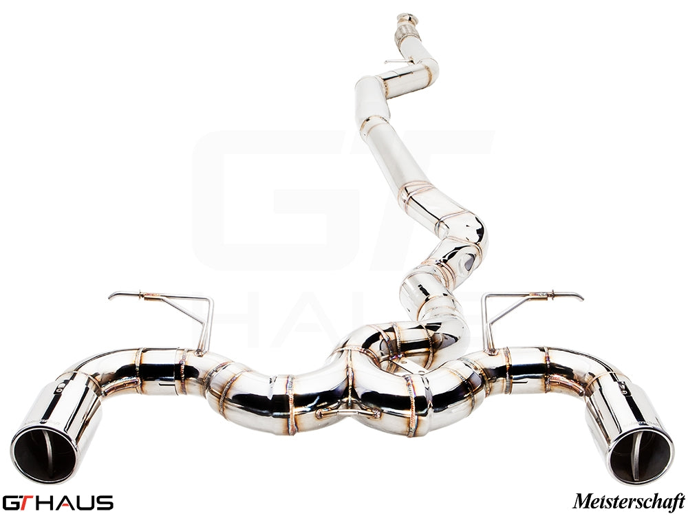 Premium exhaust system for BMW F30/F31/F34/F36 335i/340i/xi, featuring stainless steel construction and dual tips.