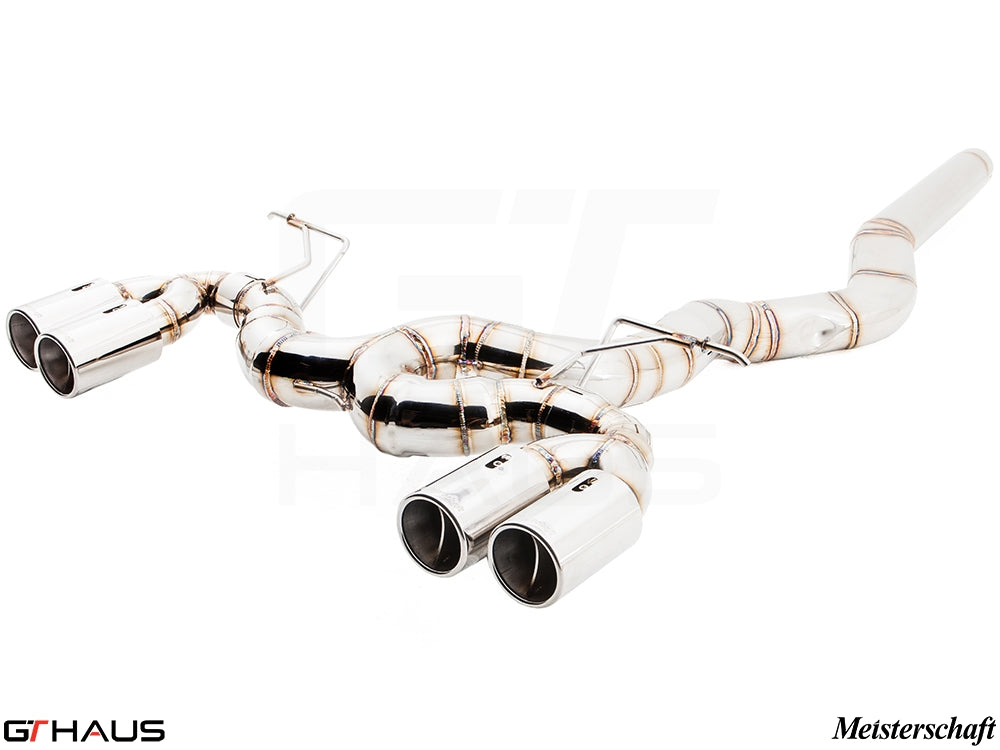Premium performance exhaust system for BMW F30/F31/F34/F36 335i/340i/xi, featuring stainless steel construction and dual tips.