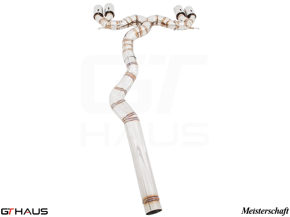 Premium exhaust system for BMW F30/F31/F34/F36 335i/340i/xi, featuring stainless steel construction and dual tips.