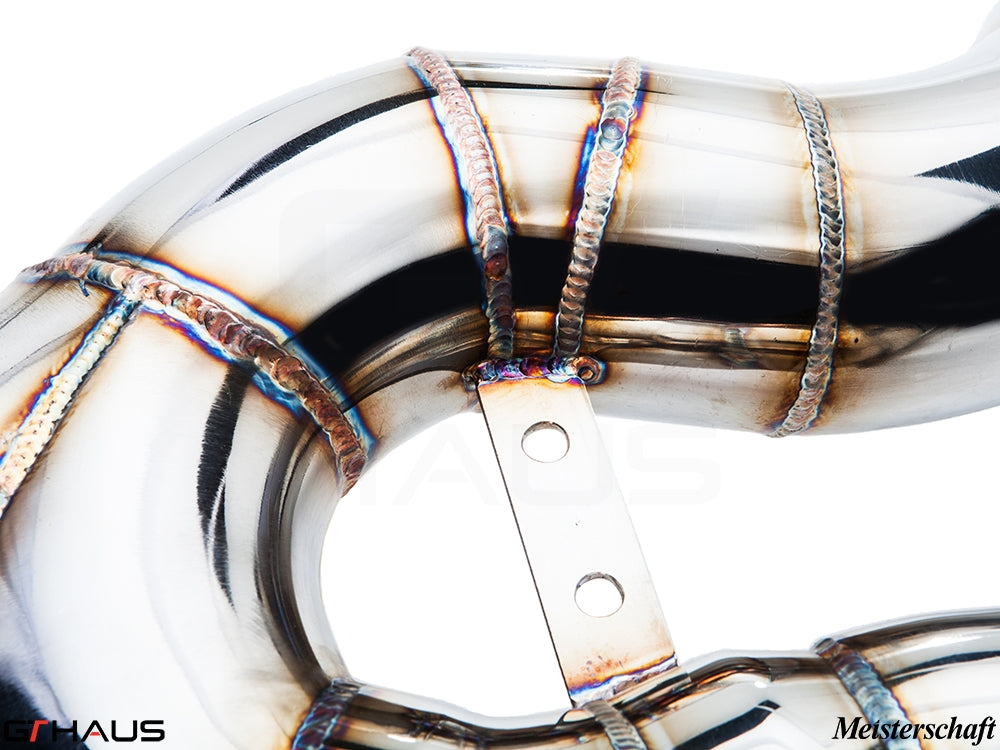 Premium stainless steel exhaust pipe for BMW F30/F31/F34/F36 335i/340i, showcasing high-quality welds and craftsmanship.