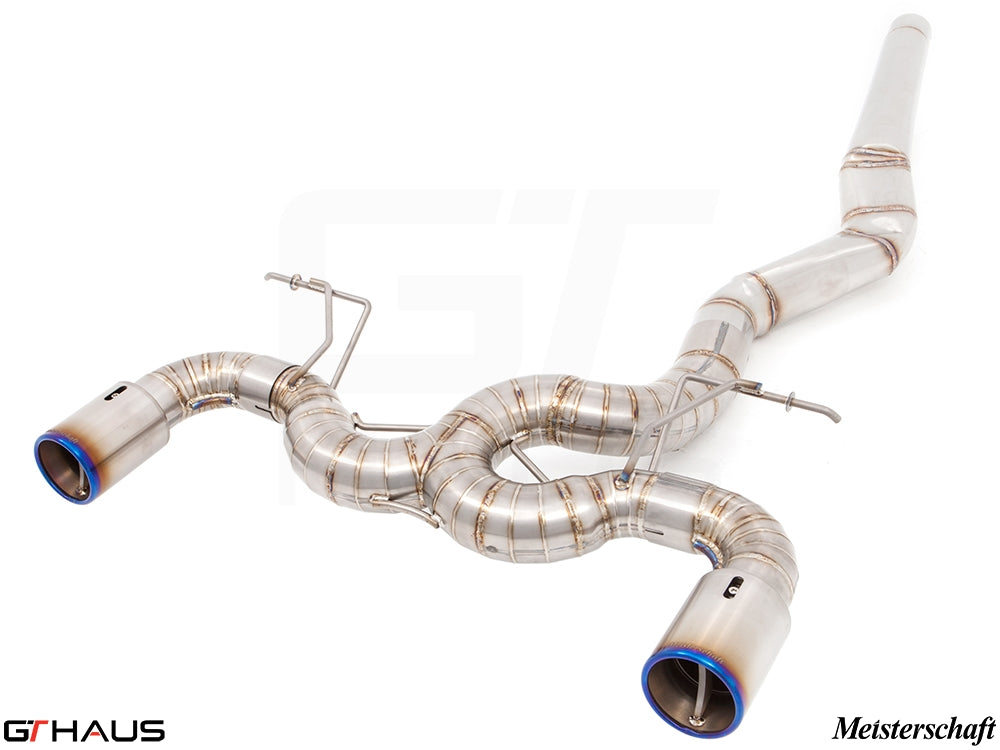 Premium exhaust system for BMW F30/F31/F34/F36 335i/340i/xi, featuring stainless steel construction and dual tips.