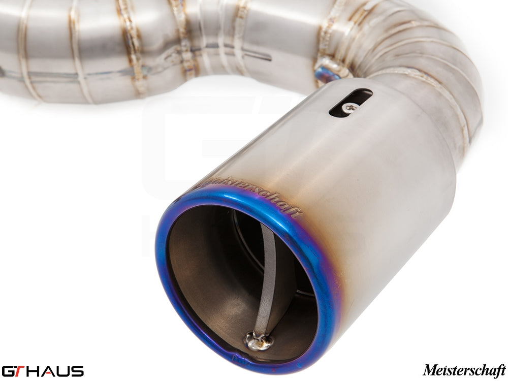 Premium Meisterschaft exhaust tip for BMW F30/F31/F34/F36 335i/340i, showcasing high-quality stainless steel design.